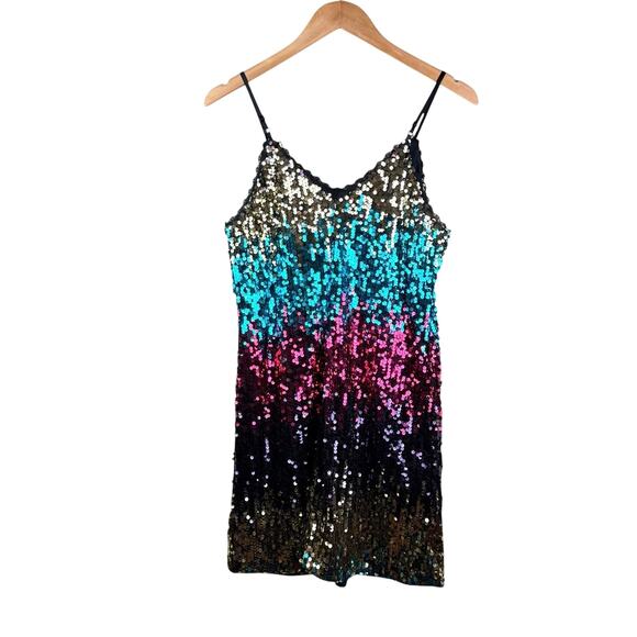 Kate Kason Colorful All Over Sequin Strappy Mini Shift Vibrant Party Dress - Picture 10 of 13